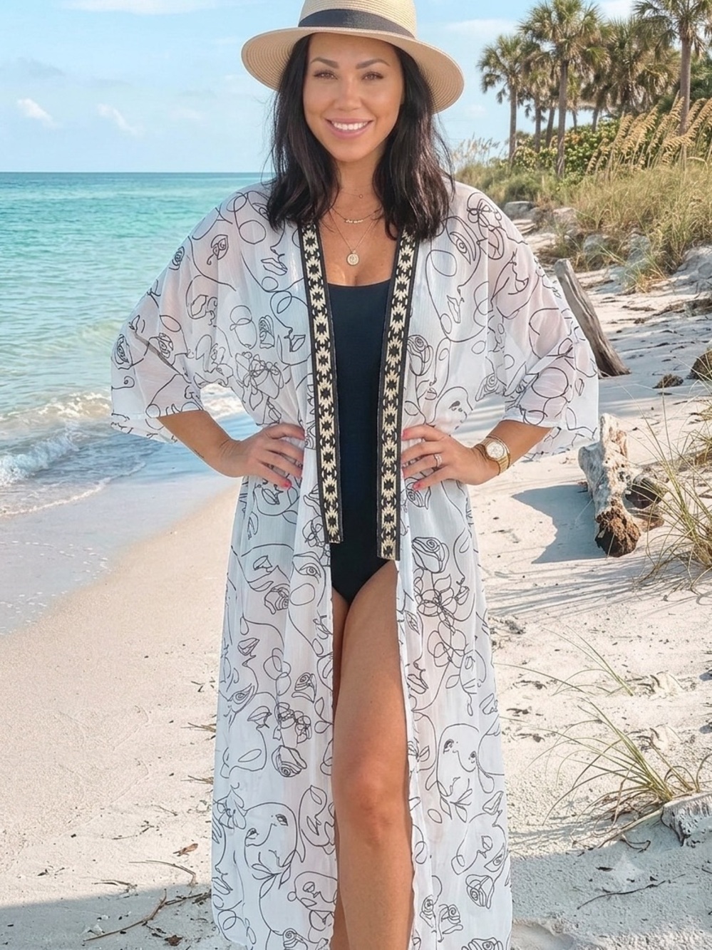 SukiSo White Sheer Abstract Face Rose Print Kimono Beach Cardigan One Size NWT